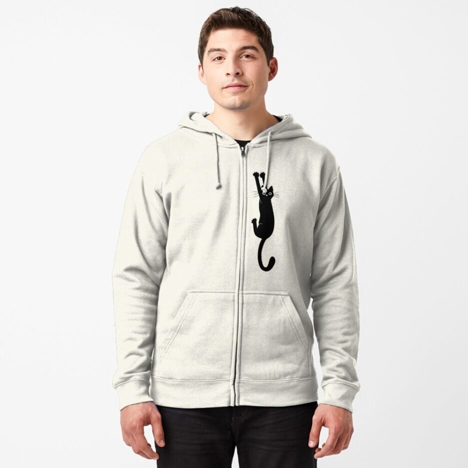 Black Cat Holding On Zipped Hoodie