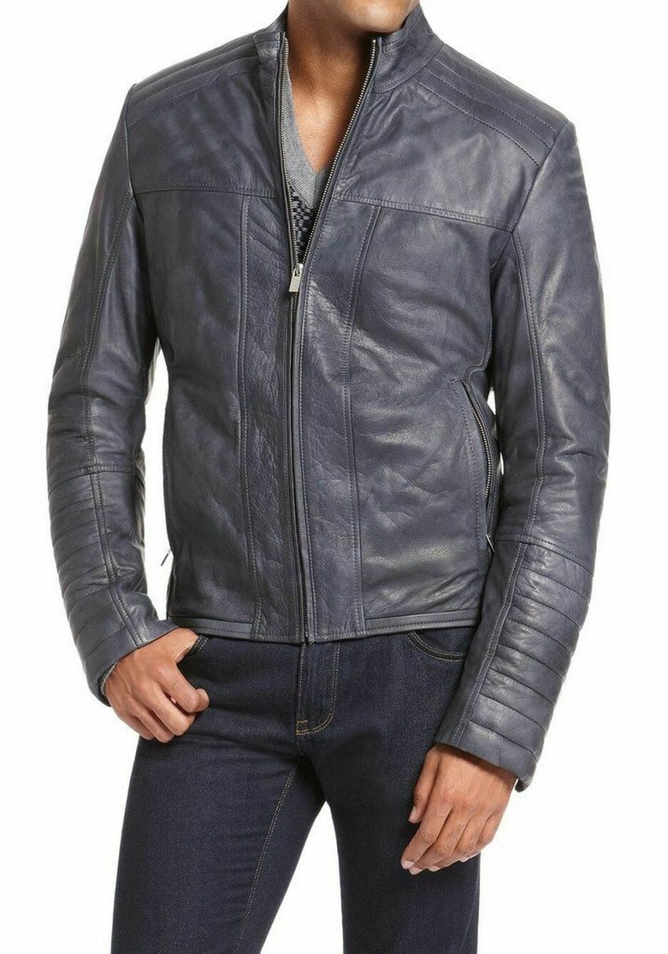 Blue Leather Jacket Real Lambskin Motorcycle Biker Jacket